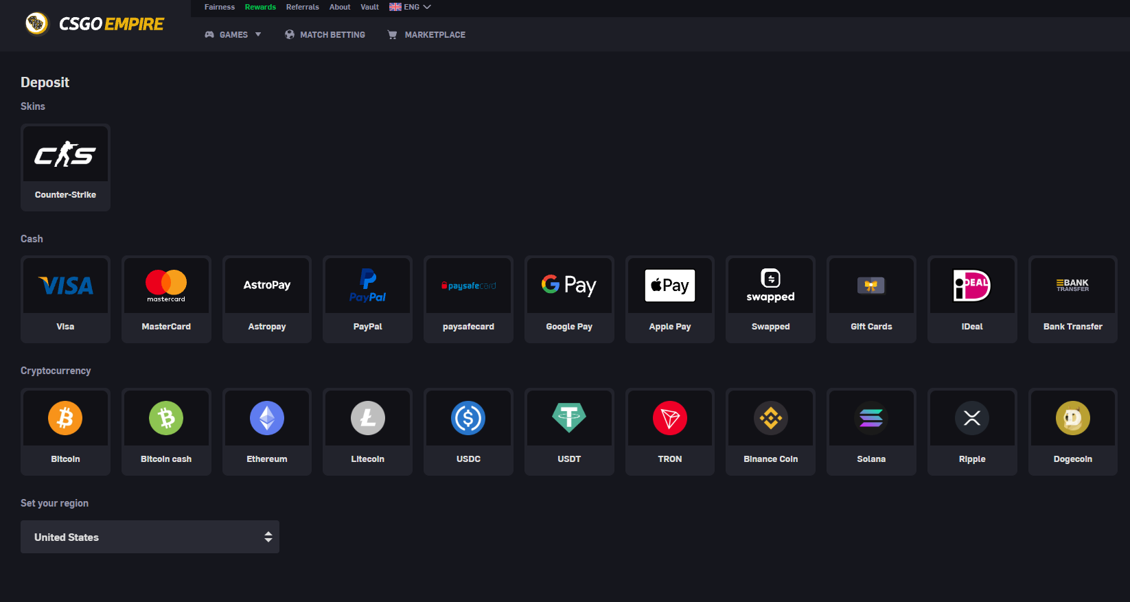 CSGOEmpire deposit methods for CS2 skins with PayPal, Visa, Mastercard, Bitcoin, Ethereum and cryptocurrency payments