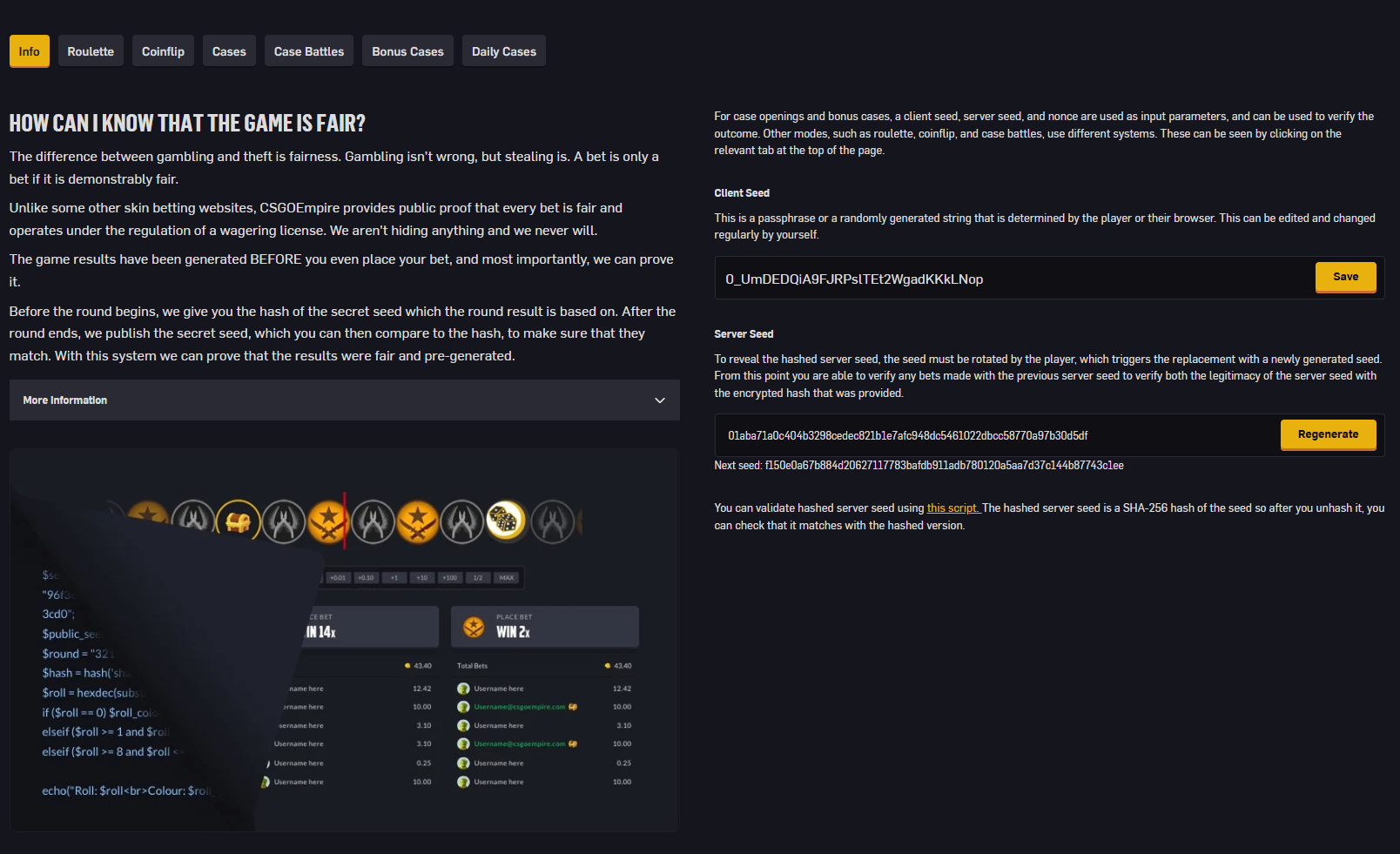 CSGOEmpire provably fair system for CS2 case battles, roulette and skin gambling with verified game fairness