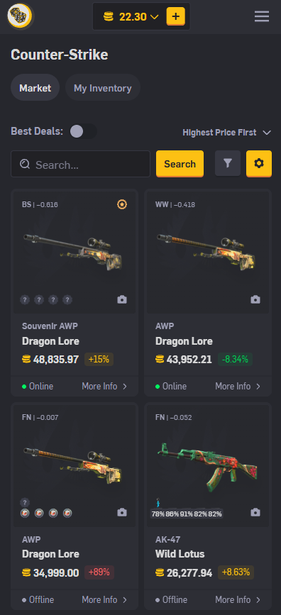 CSGOEmpire mobile marketplace for CS2 skins featuring AWP Dragon Lore, AK-47 skins and live skin trading
