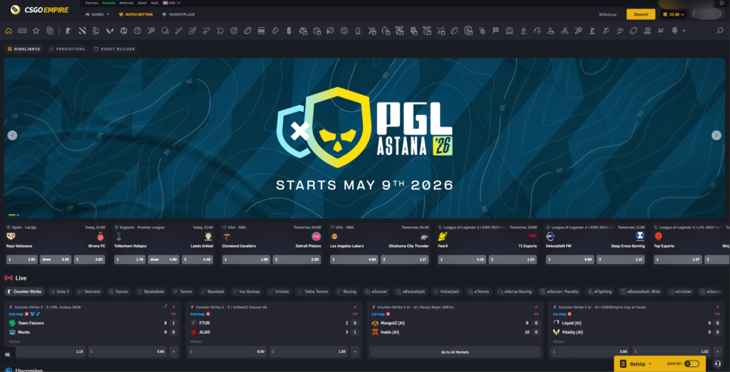 CSGOEmpire esports betting platform for CS2, Dota 2 and live sports betting with competitive odds and match predictions