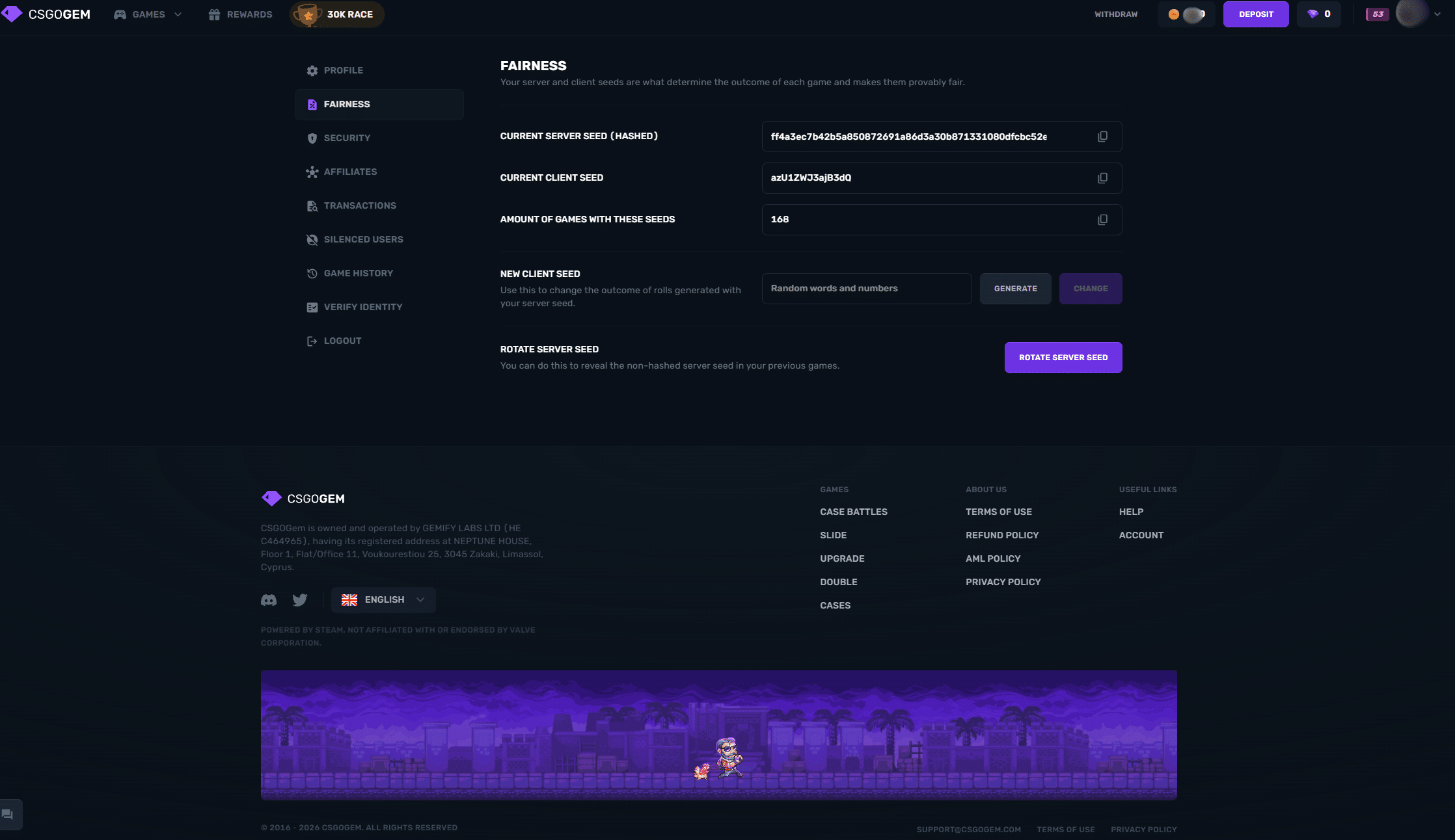 CSGOGem fairness system showing provably fair verification and server seed details for CS2 gambling