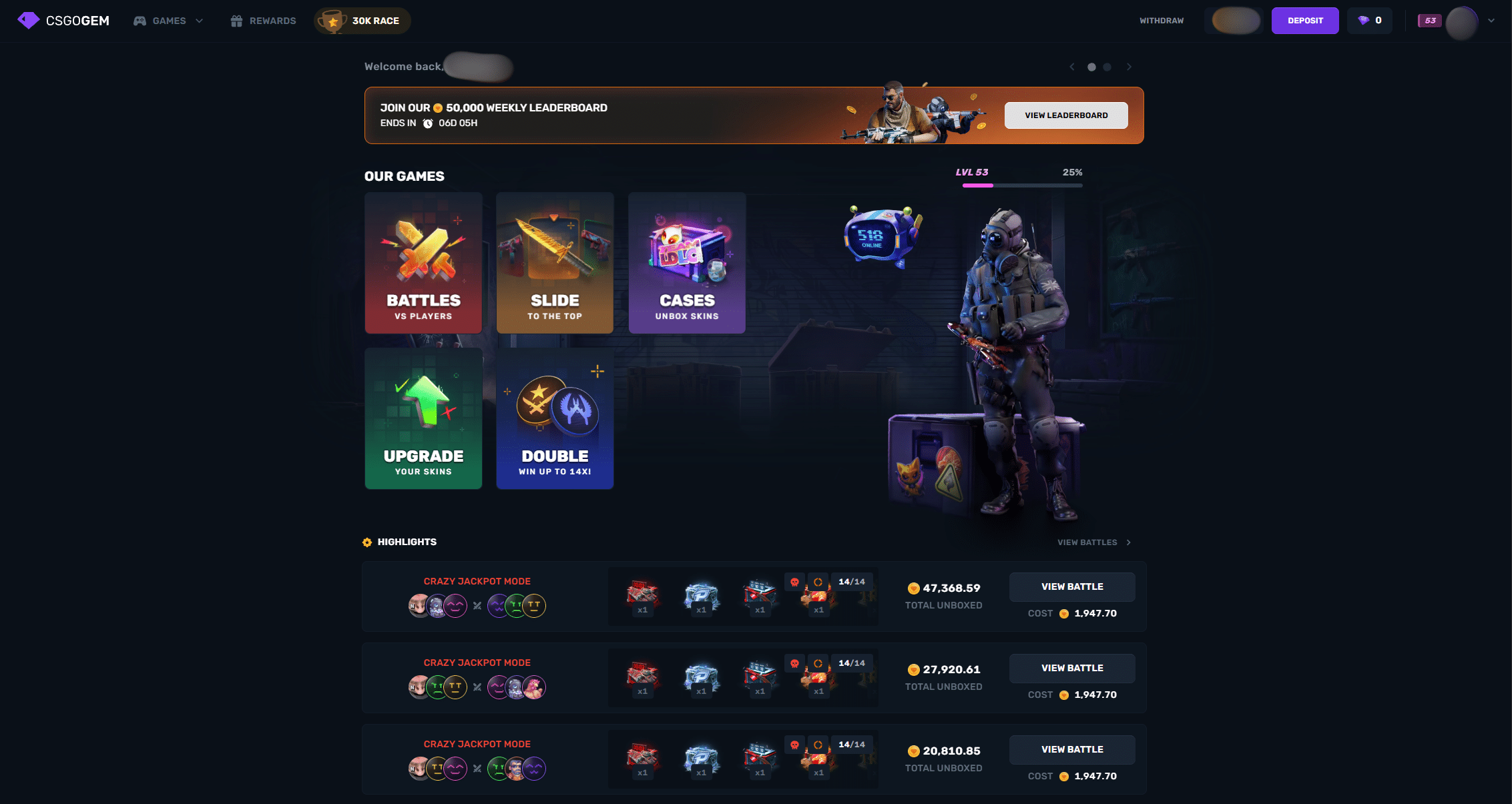 CSGOGem homepage showing CS2 gambling games like case battles, upgrade and coinflip