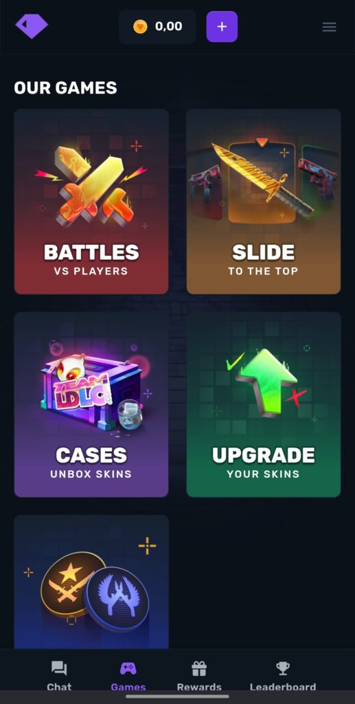 CSGOGem mobile interface showing CS2 gambling games like battles, cases and upgrade