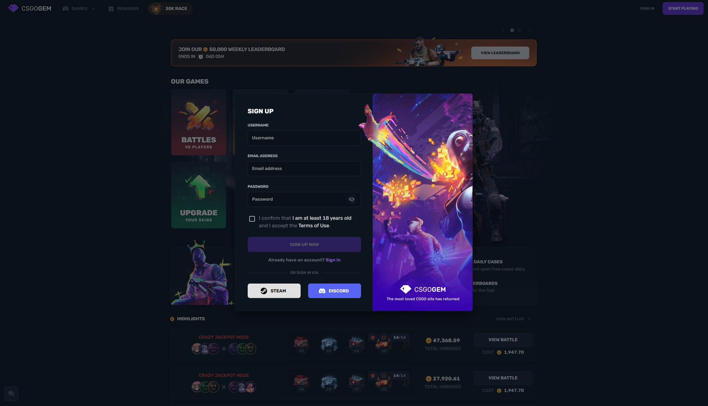 CSGOGem sign up page on a CS2 gambling site showing account registration form