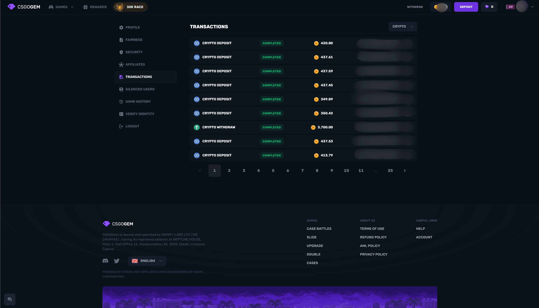 CSGOGem transactions page showing completed crypto deposits and withdrawals on a CS2 gambling site