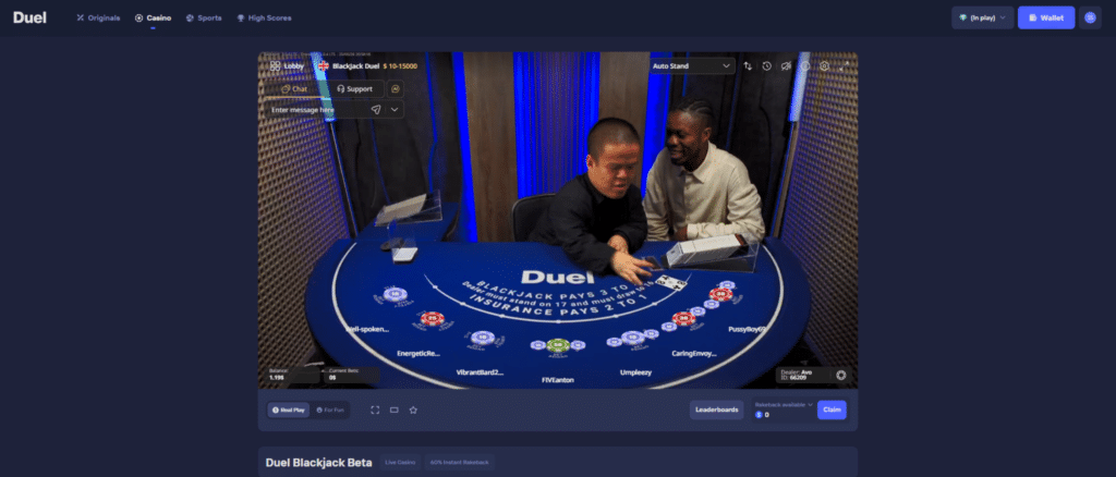 Duel Blackjack live table with 80% rakeback shown on Duel.com