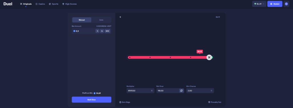 Duel Review dice game interface with multiplier settings and provably fair betting system