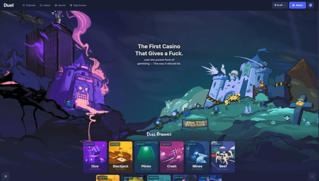 Duel Review homepage featuring Duel Originals casino games and dark mode interface