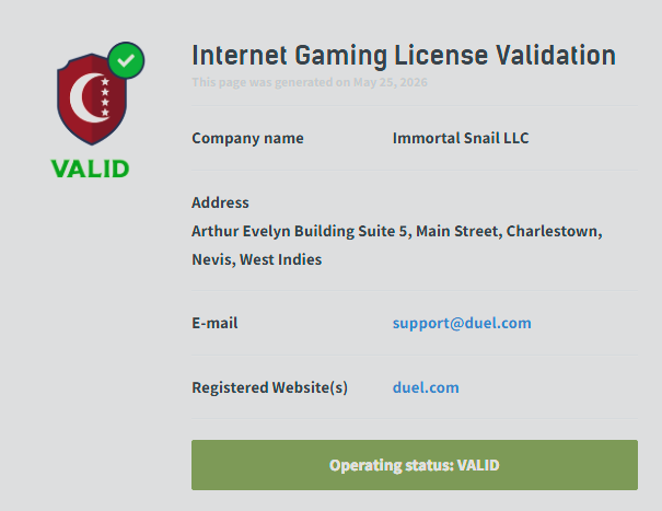 Duel Review gaming license validation page confirming Duel casino license status