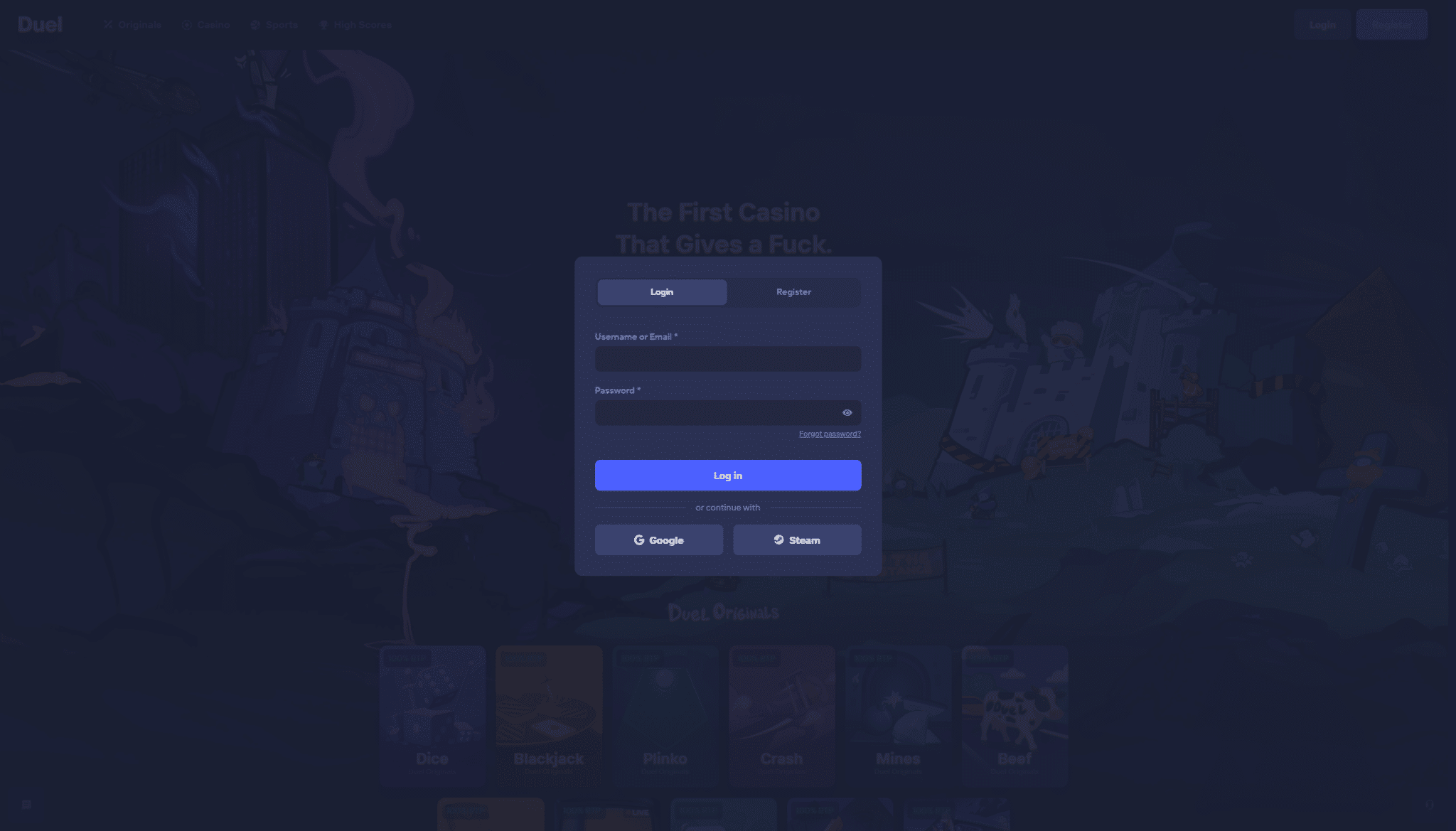 Duel Review login page with account access and social login options