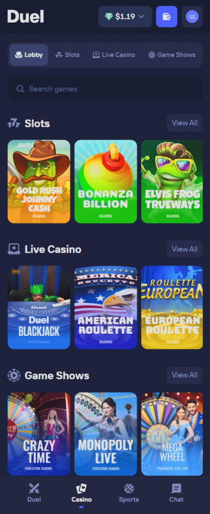 Duel Review mobile casino interface showing slots, live casino and game shows