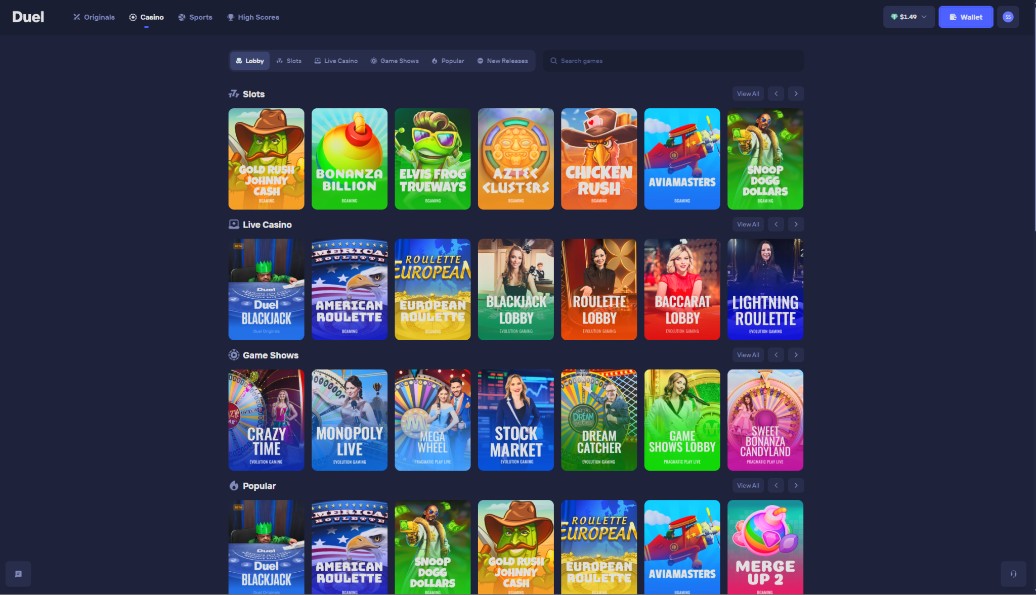 Duel Review casino lobby with slots, live casino games and game show providers