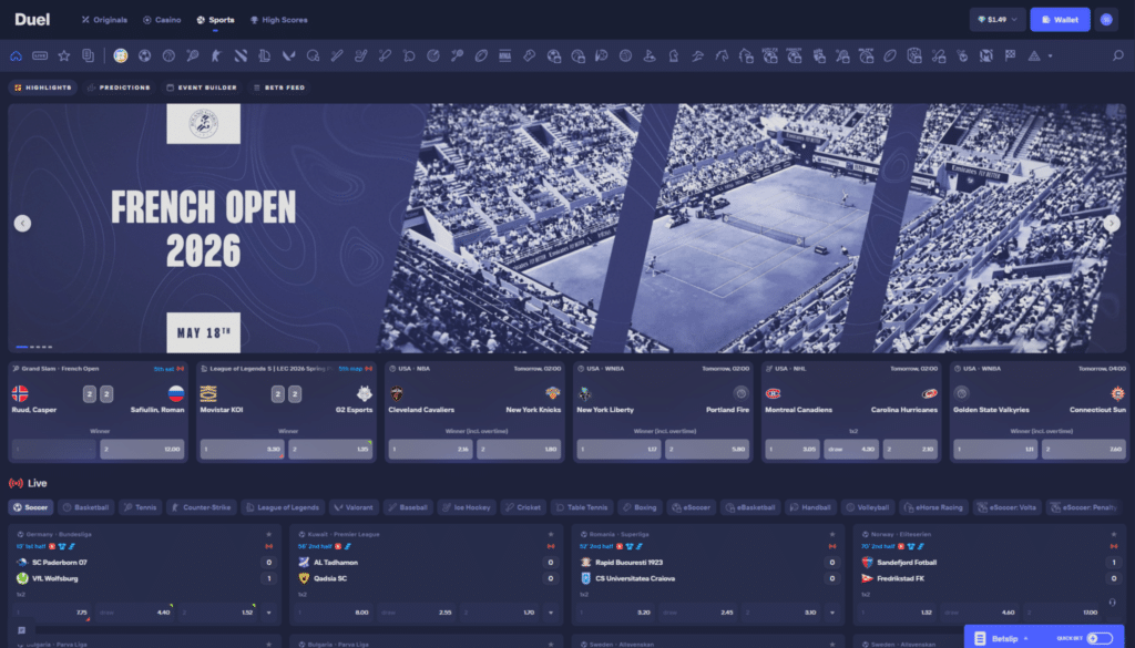 Duel Review sportsbook interface with live betting markets and sports events