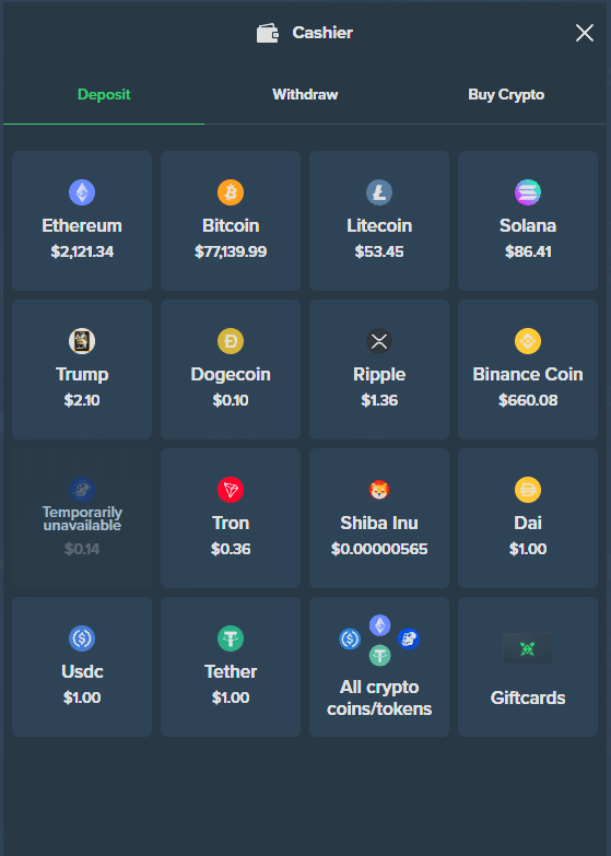 Duelbits deposit page with crypto payment methods including Bitcoin, Ethereum and Solana