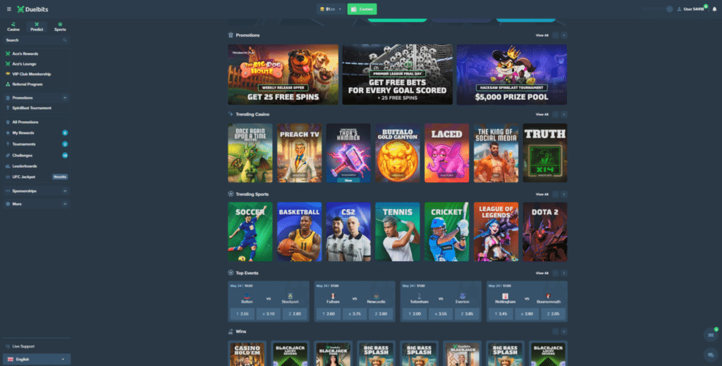 Duelbits casino homepage showing slots, sports betting, promotions and live events