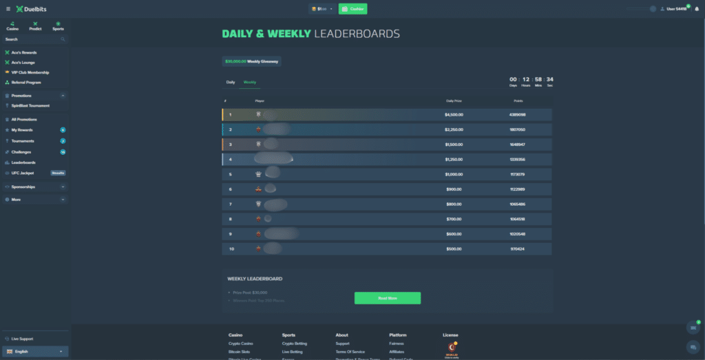 Duelbits leaderboard page displaying daily and weekly casino tournament rankings