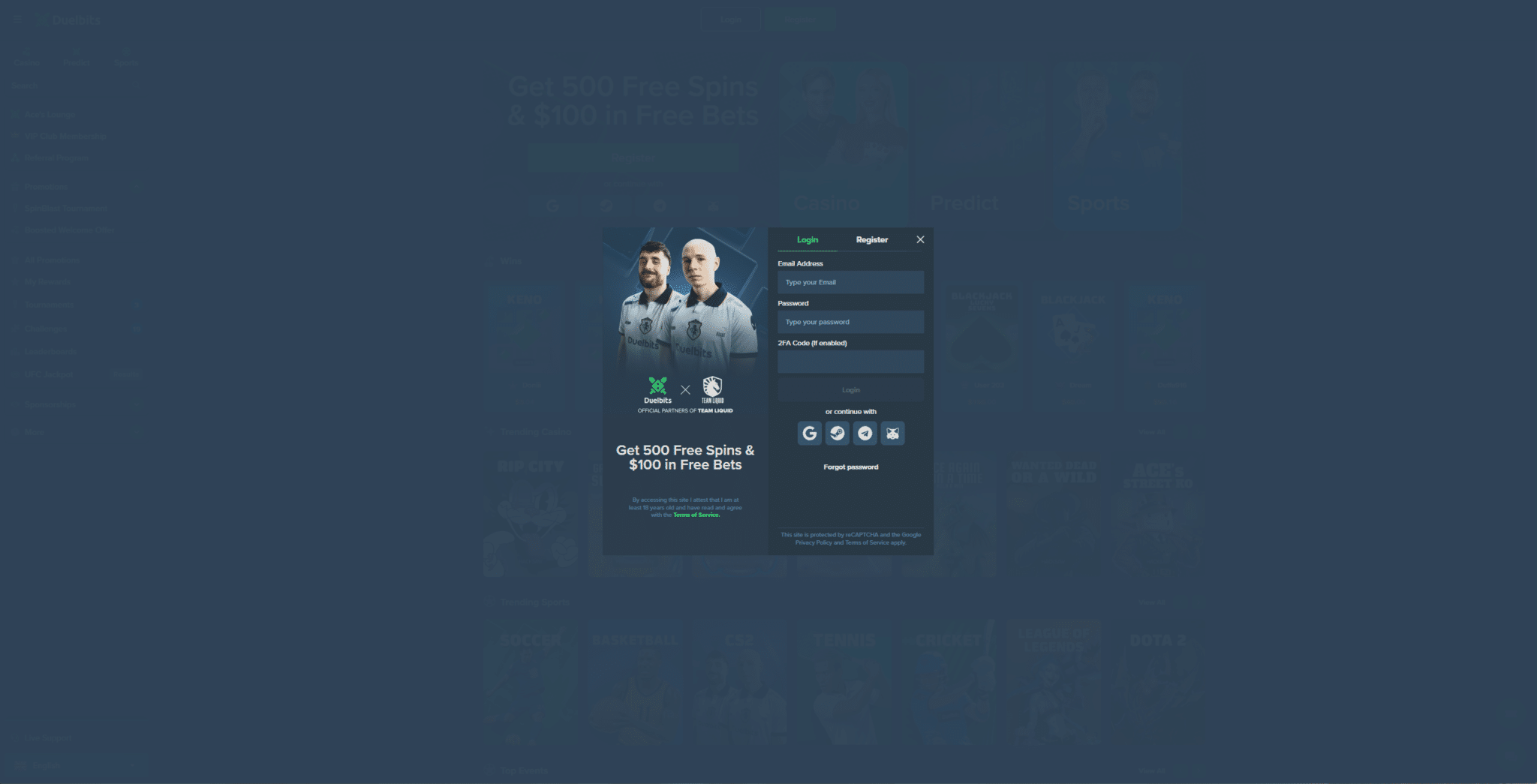 Duelbits login and registration page with casino bonus promotion