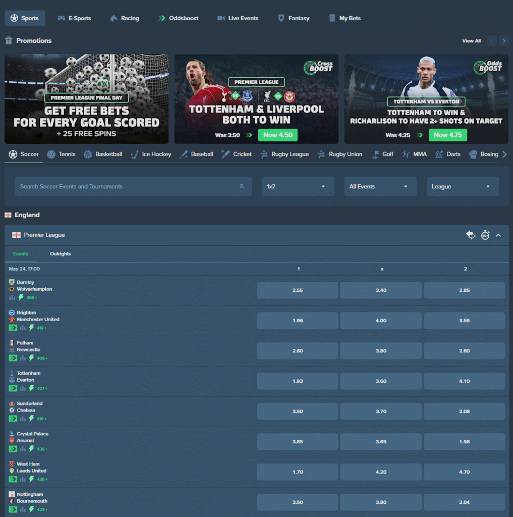 Duelbits sports betting page displaying live football matches, betting odds and sports categories