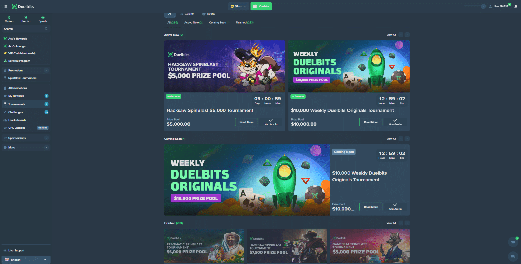 Duelbits review tournament page with active casino competitions and prize pools
