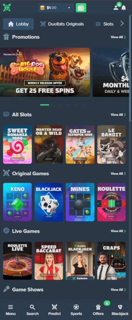 Duelbits mobile casino interface showing slots, live games and sportsbook navigation