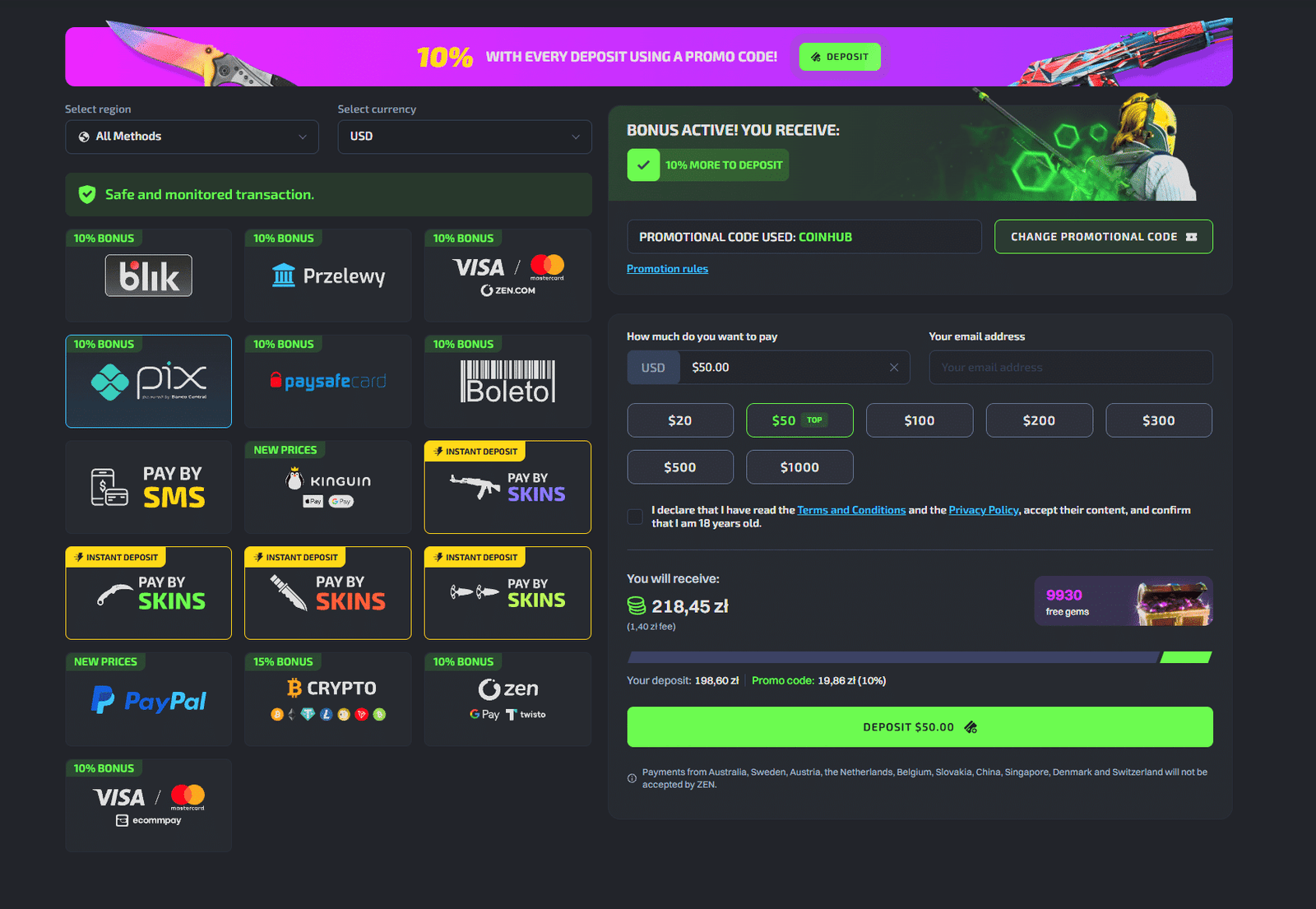 G4skins review deposit methods and promo code bonus interface for CS2 skin gambling