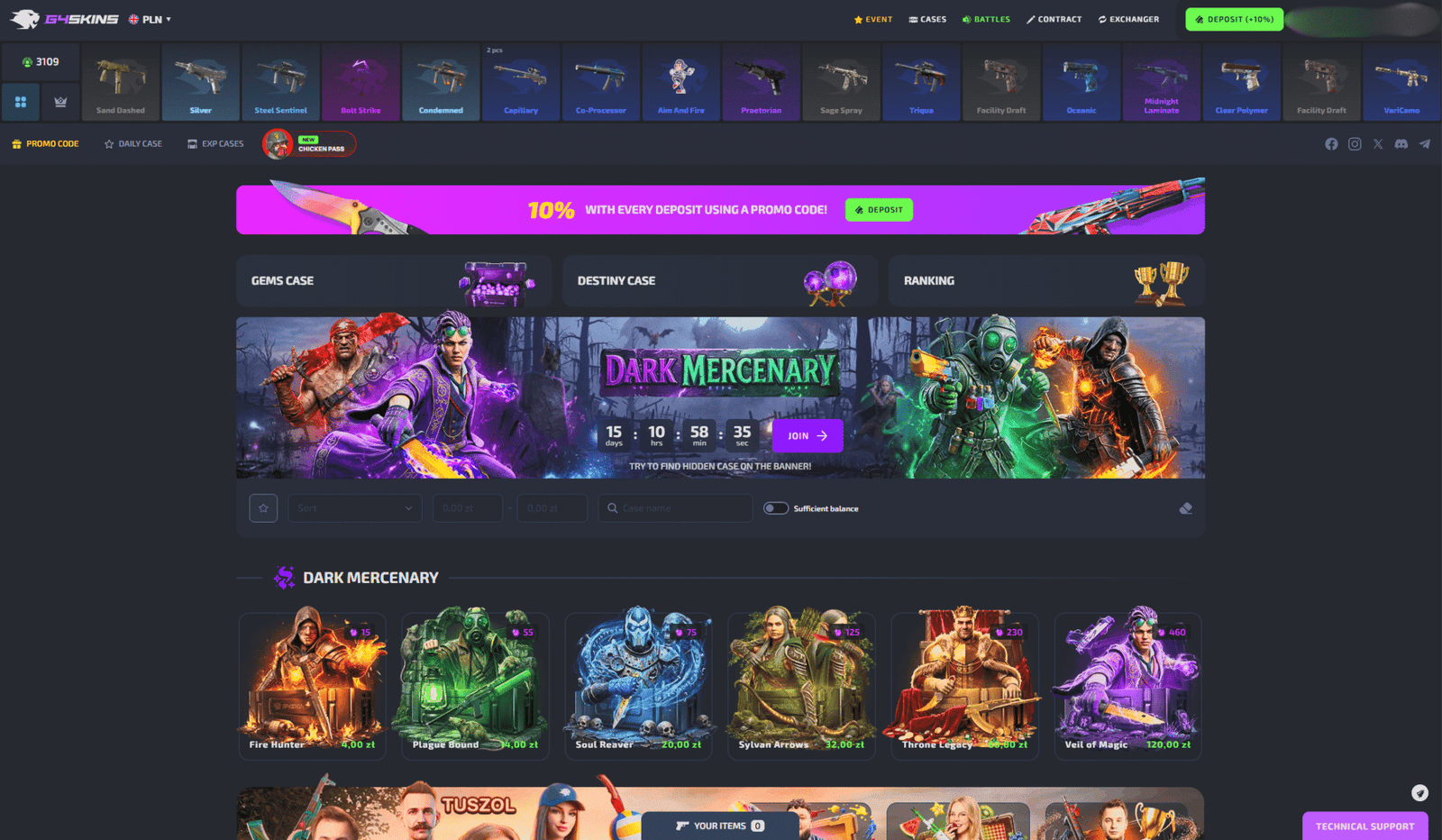 G4skins review homepage with CS2 case battles, promo rewards and skin unboxing