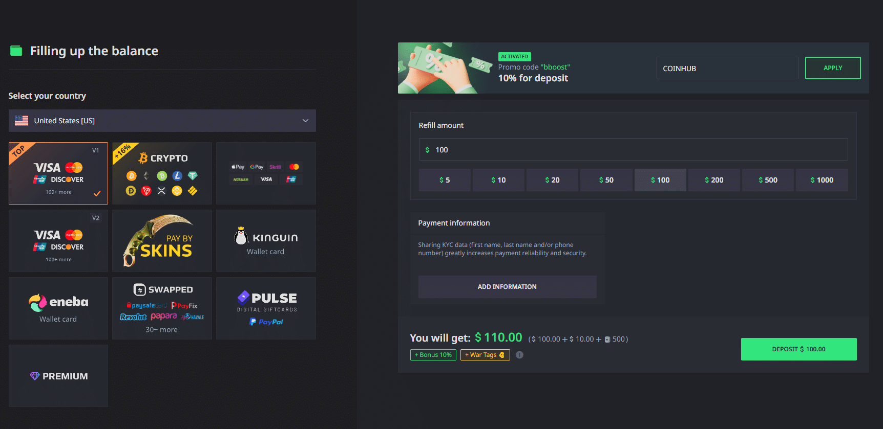 Hellcase deposit page displaying crypto payments, CS2 skin deposits and bonus code activation for gambling users