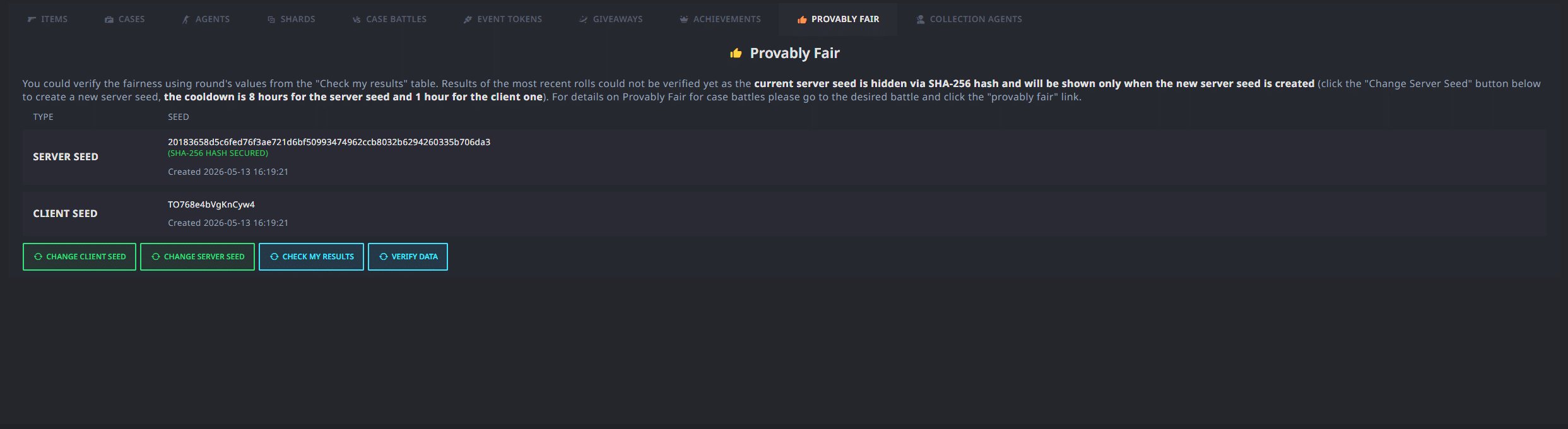 Hellcase provably fair verification page showing SHA256 fairness system and transparent CS2 case battle mechanics