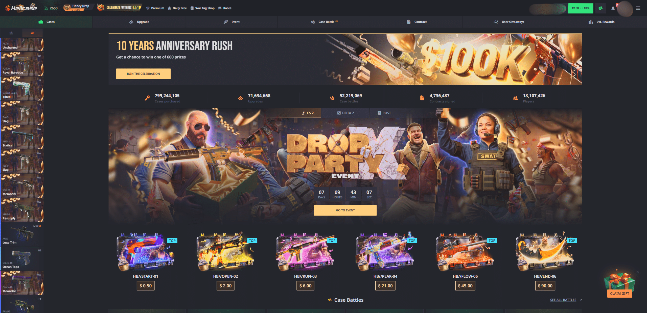 Hellcase Review 2026, homepage featuring CS2 cases and case battles