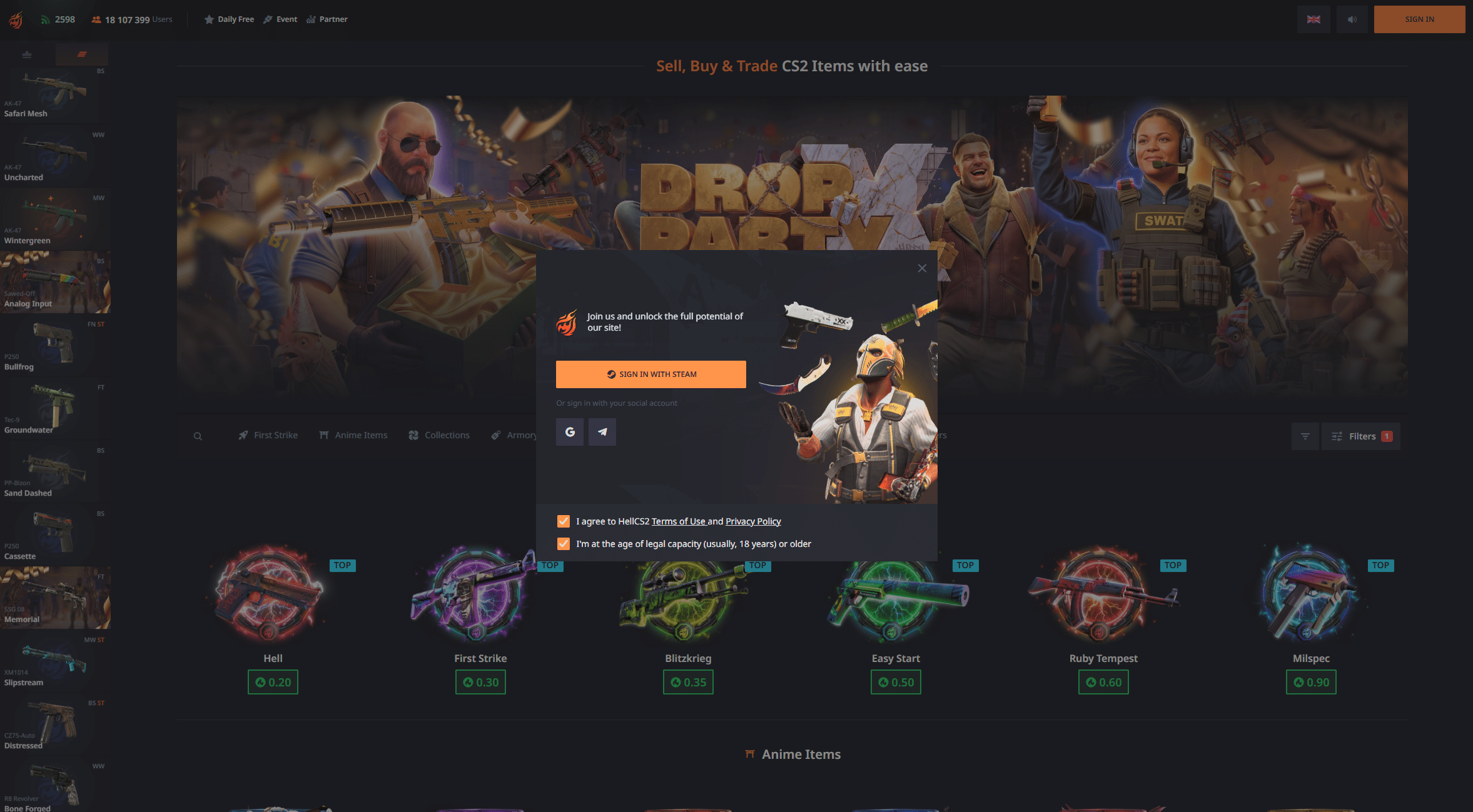 Hellcase Steam login page with secure account authentication and CS2 skin marketplace access