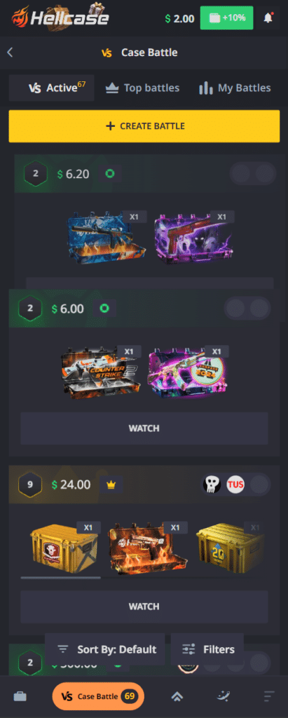 Hellcase mobile case battle interface showing live battles, filters and mobile CS2 gambling experience