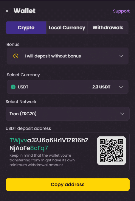 iWild casino crypto deposit screen showing USDT TRC20 wallet and payment options
