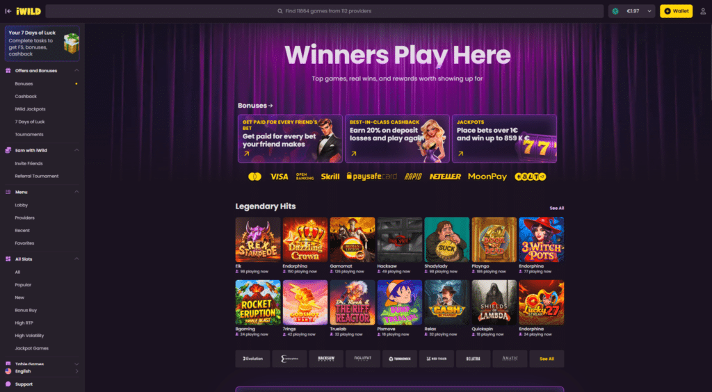 iWild casino homepage with bonuses, featured slots, and crypto casino promotions