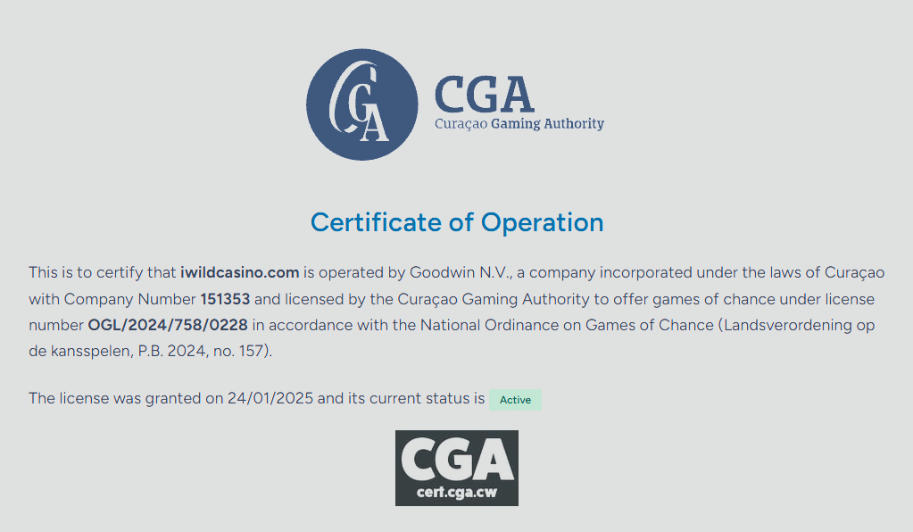 iWild review casino Curacao Gaming Authority license certificate featured in iWild review