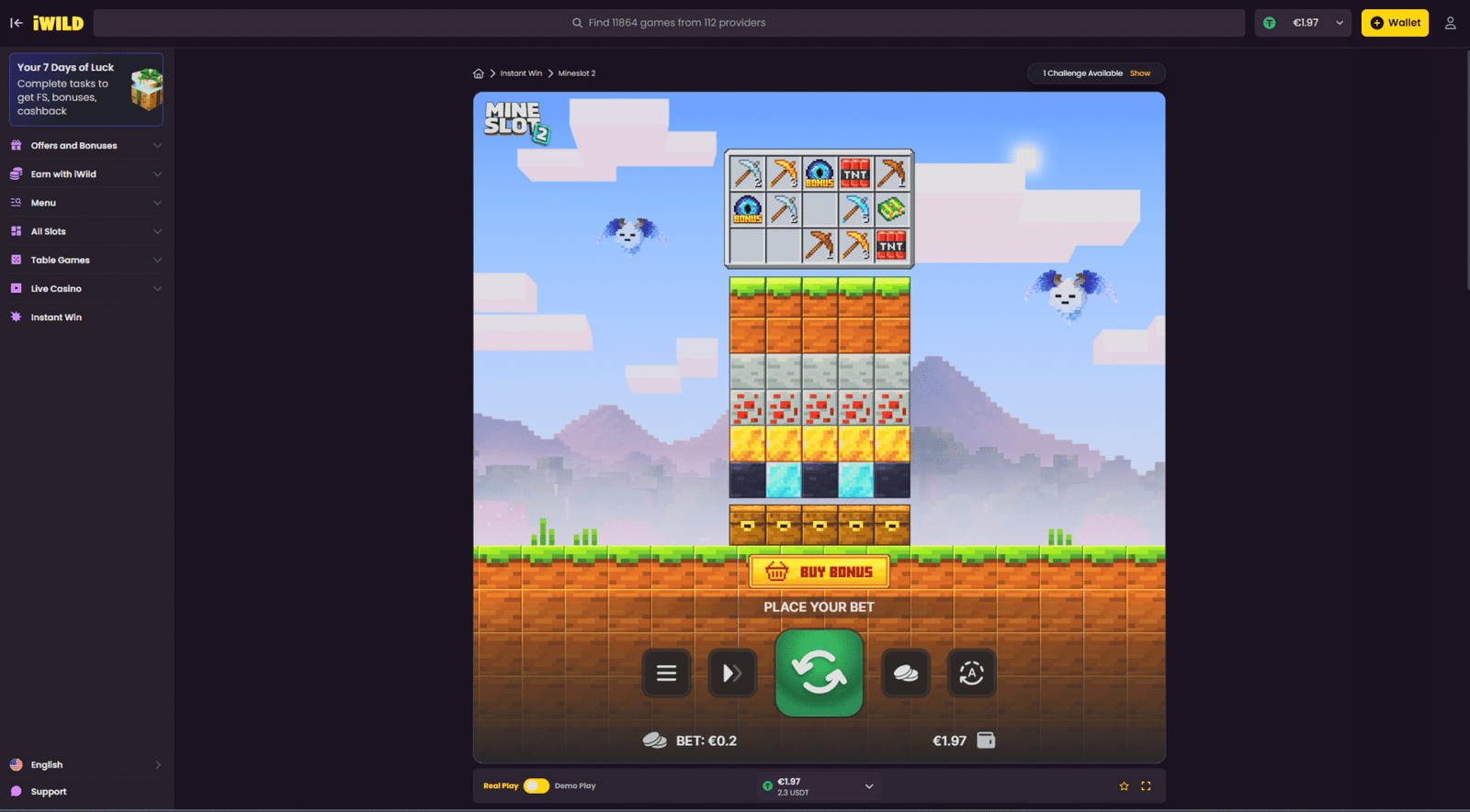 iWild Mine Slot instant win game with crypto betting interface and bonus feature