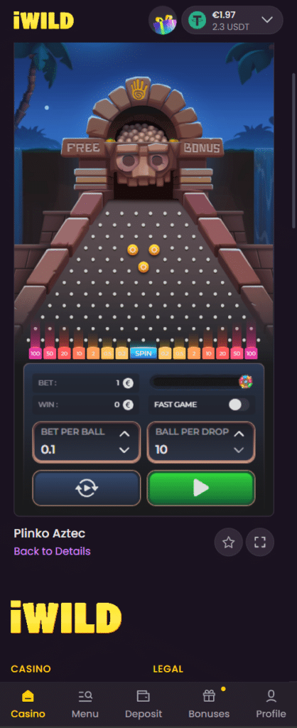 iWild mobile casino gameplay showing Plinko Aztec instant win game on smartphone