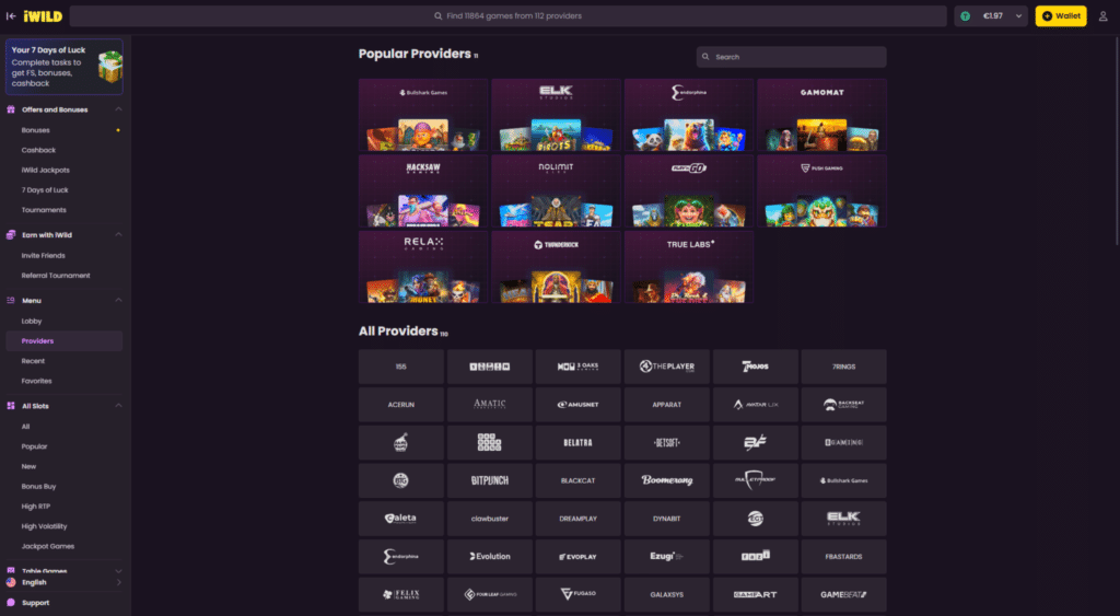 iWild casino game providers including Pragmatic Play, Nolimit City, Evolution, and Hacksaw