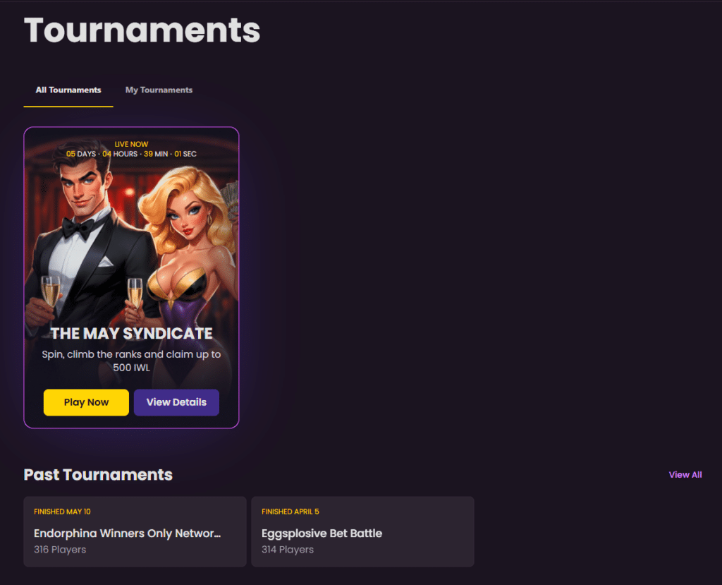 iWild casino tournaments page featuring leaderboard competitions and prize rewards