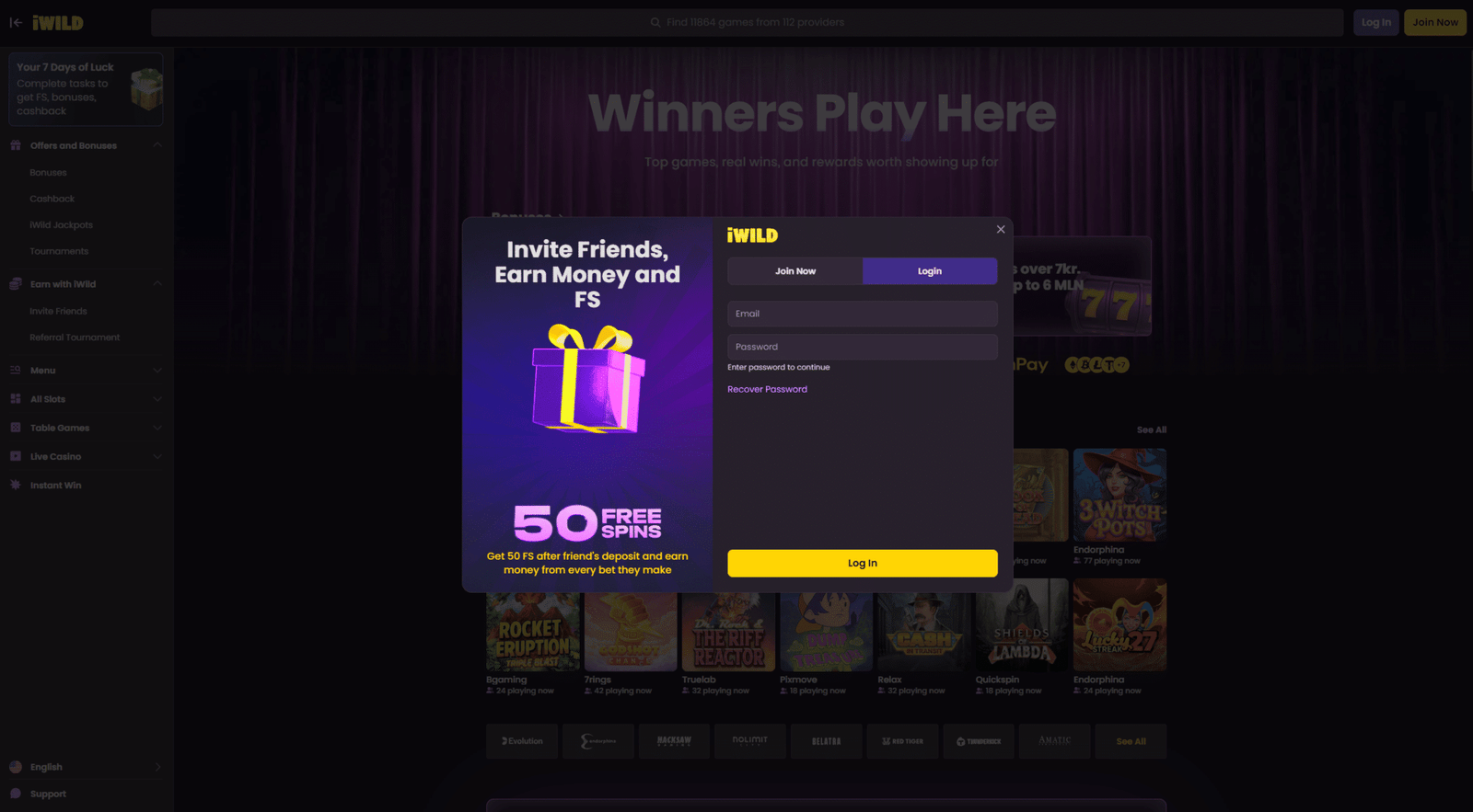 iWild casino login and registration popup with free spins welcome bonus