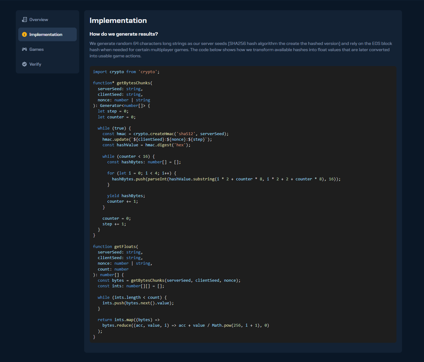 Rain.gg provably fair implementation page with verification code and fairness system for online casino and case opening games.