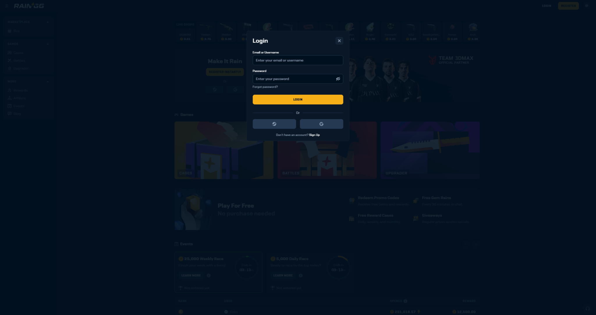Rain.gg login page for accessing CS2 case opening, online casino games, and weapon skin rewards platform.