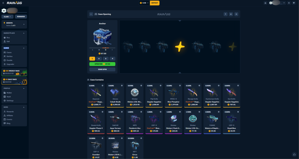 Rain.gg case opening platform with CS2 skins, knives, and weapon skins for online casino style case opening.