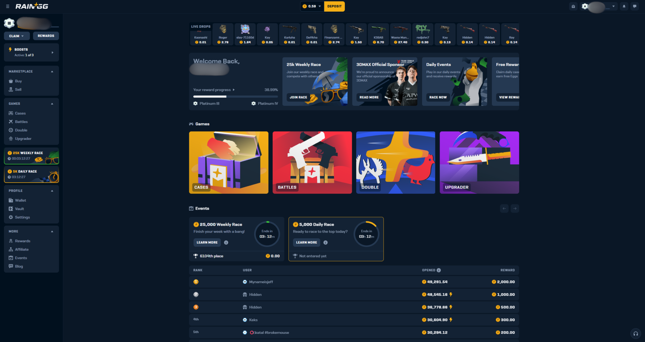 Rain.gg homepage with CS2 case opening, multiplayer battles, skin rewards, and online casino style gaming platform.