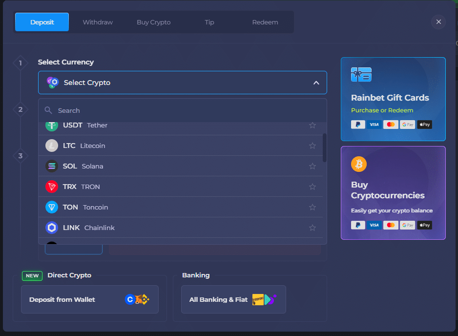 Rainbet crypto casino deposit page showing Bitcoin, USDT, Solana and other cryptocurrency payment options