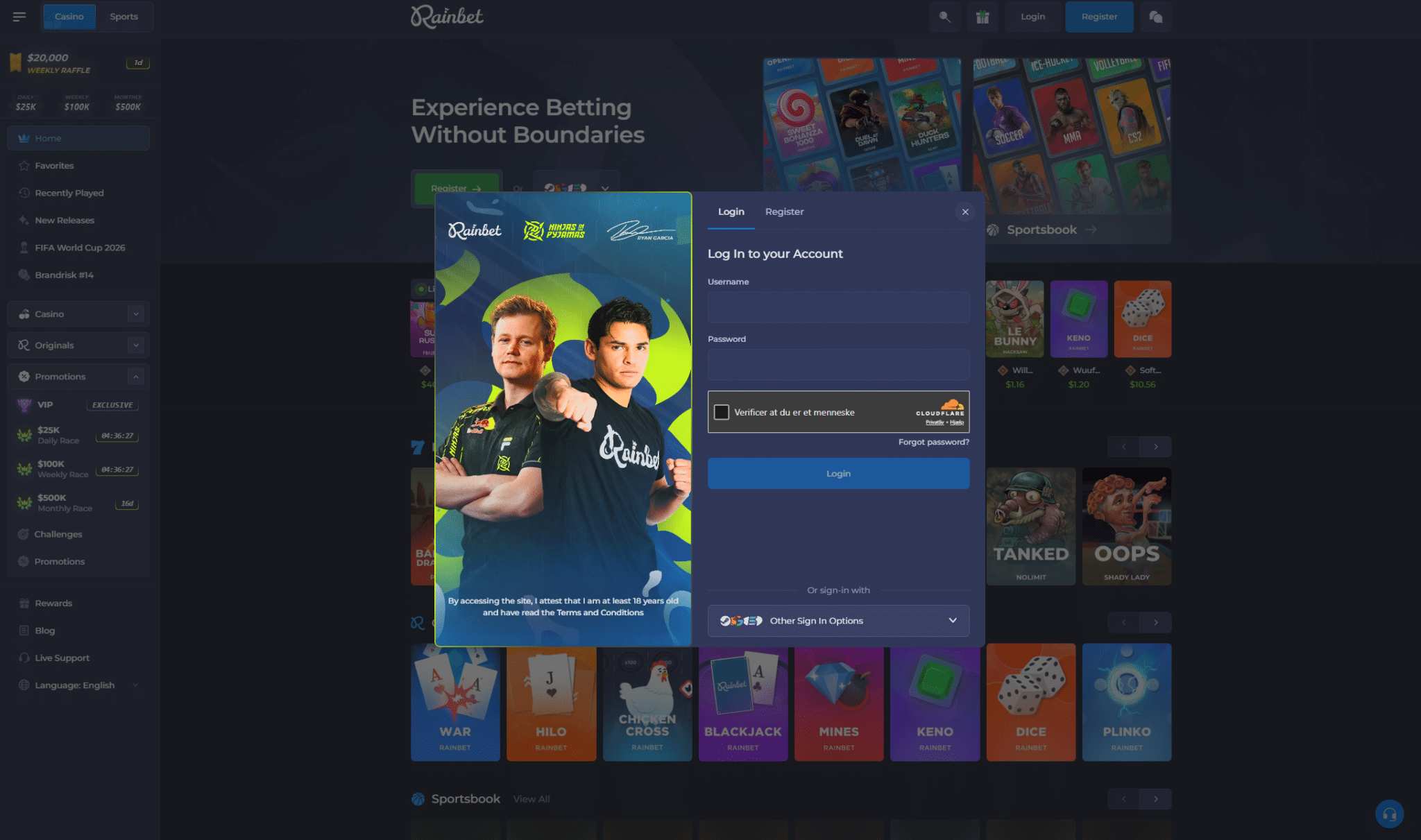 Rainbet review login interface for crypto casino gaming, sportsbook betting and Bitcoin gambling access