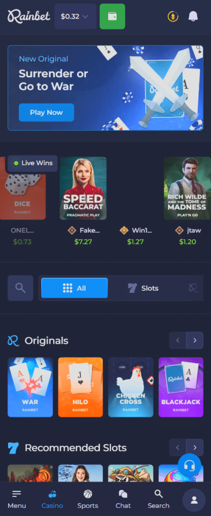 Rainbet mobile crypto casino interface optimized for sports betting and online casino gaming