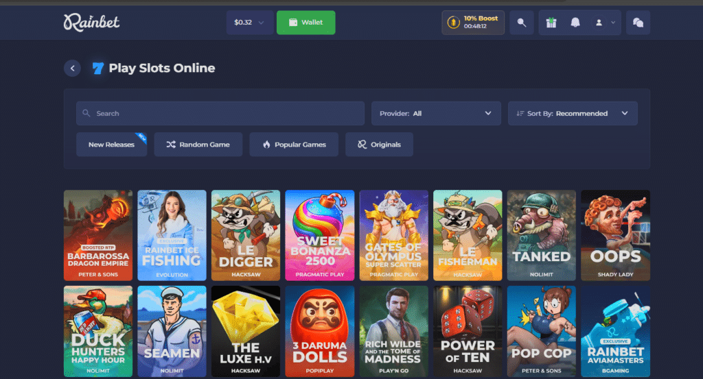 Rainbet online crypto slots lobby featuring popular casino games and provably fair slots