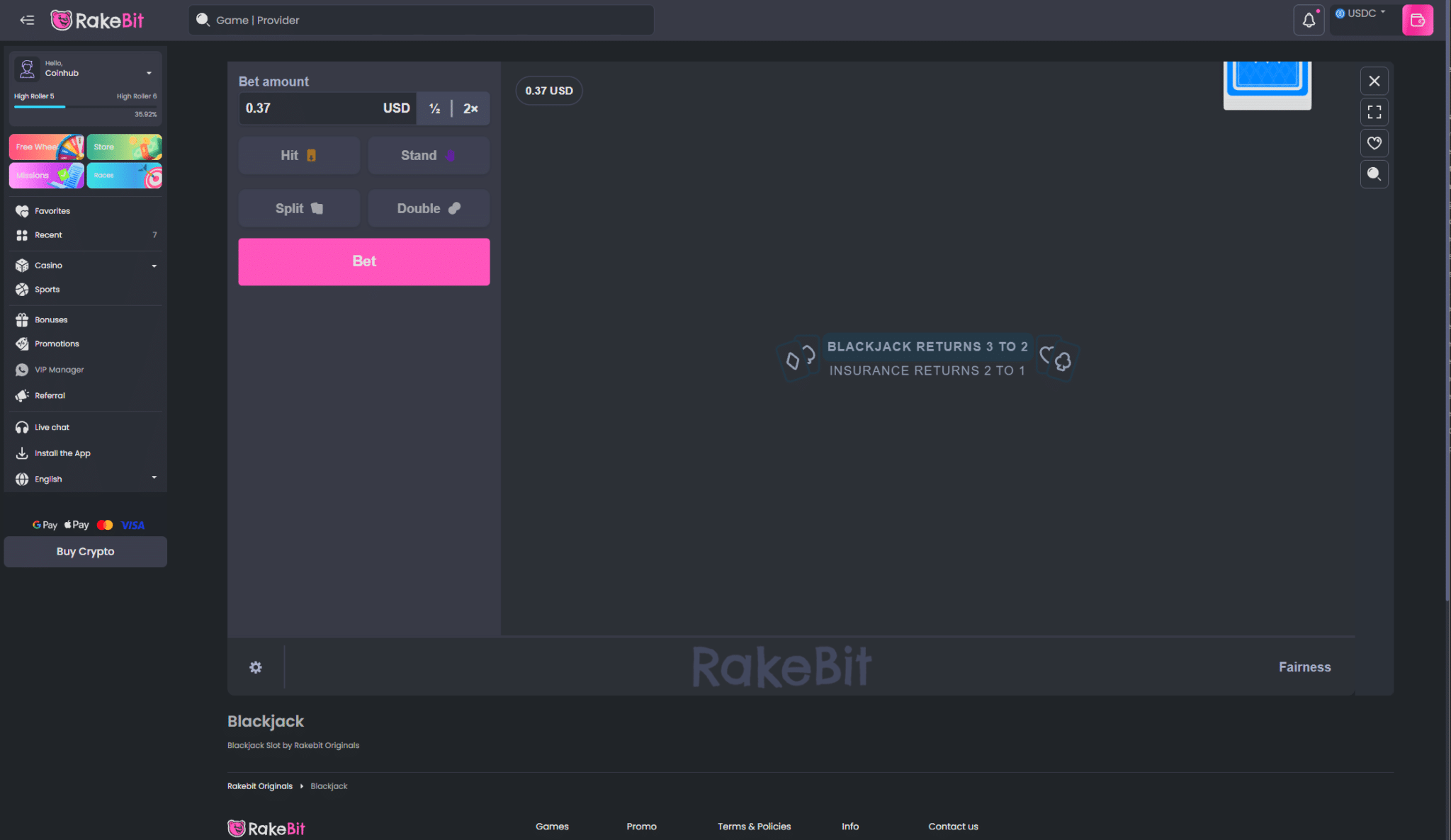 Rakebit online blackjack game interface with betting controls and crypto casino dashboard