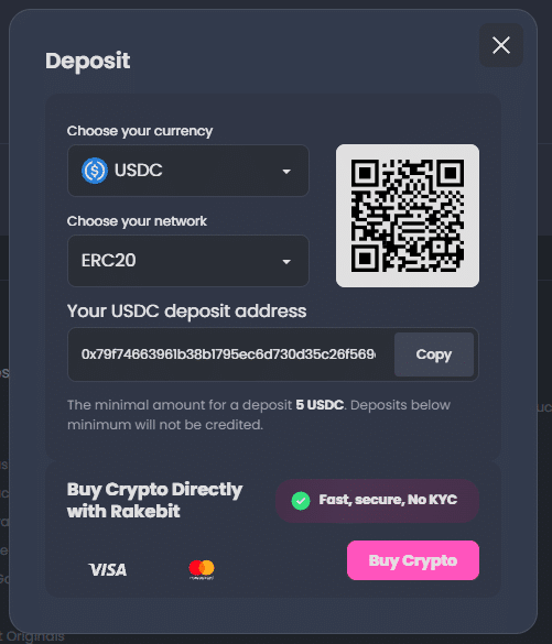 Rakebit review crypto deposit page with USDC wallet address QR code and ERC20 network selection