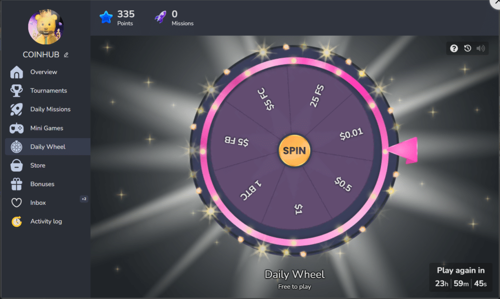 Rakebit free daily wheel bonus game with spin rewards cashback and casino missions
